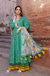 3-Pc Polka Dot Long Shirt With Polka Dot Trouser and Printed Chiffon Dupatta FFP23-10 B