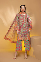 3-Pc Digital Printed Raw Silk Shirt With Organza Duppata and Qlot Trouser CMA22-67