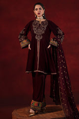 3-PC Embroidered Velvet Shirt with Chiffon Dupatta and Trouser VVT-3-206