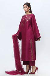 3-PC Korean Silk Shirt with Net Dupatta and Trouser CMA-4-222