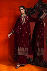 3-PC Embroidered Velvet Shirt with Embroidered Chiffon Dupatta and Trouser VVT-3-210