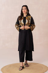 3-Pc Dhank Long Shirt With Printed Dhank Vest Coat and Qlot Trouser CPG22-18-S-B (BLACK)