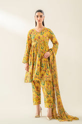 3-Pc Printed Yellow Shirt with Straight Trouser & Chiffon Dupatta SCPM3-049