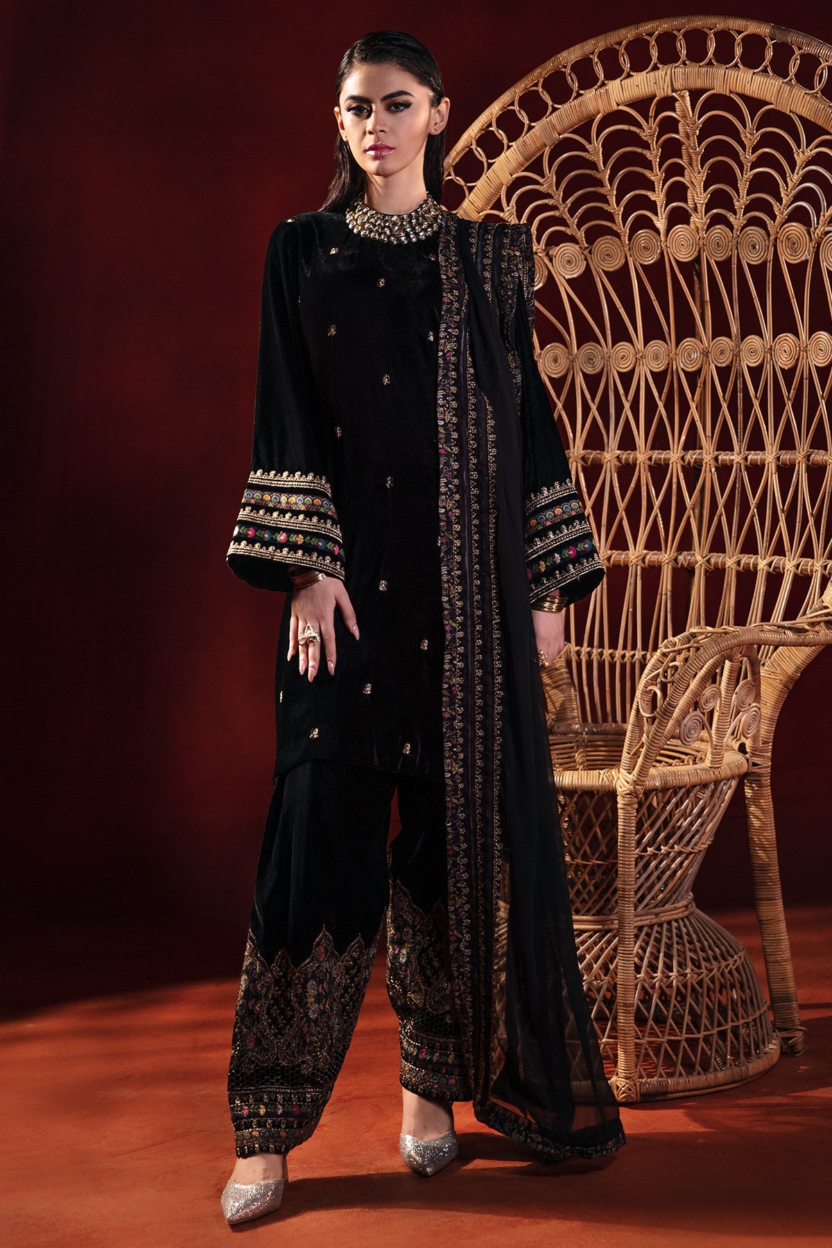 3-PC Embroidered Velvet Shirt with Embroidered Chiffon Dupatta and Trouser VVT-3-208