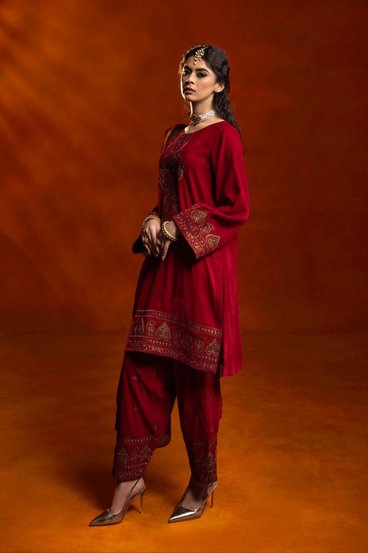 3-PC Embroidered Velvet Shirt with Embroidered Chiffon Dupatta and Trouser VVT-3-209