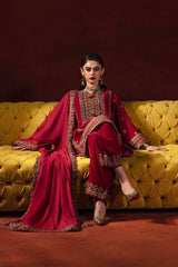 3-PC Embroidered Velvet Shirt with Chiffon Dupatta and Trouser VVT-3-202