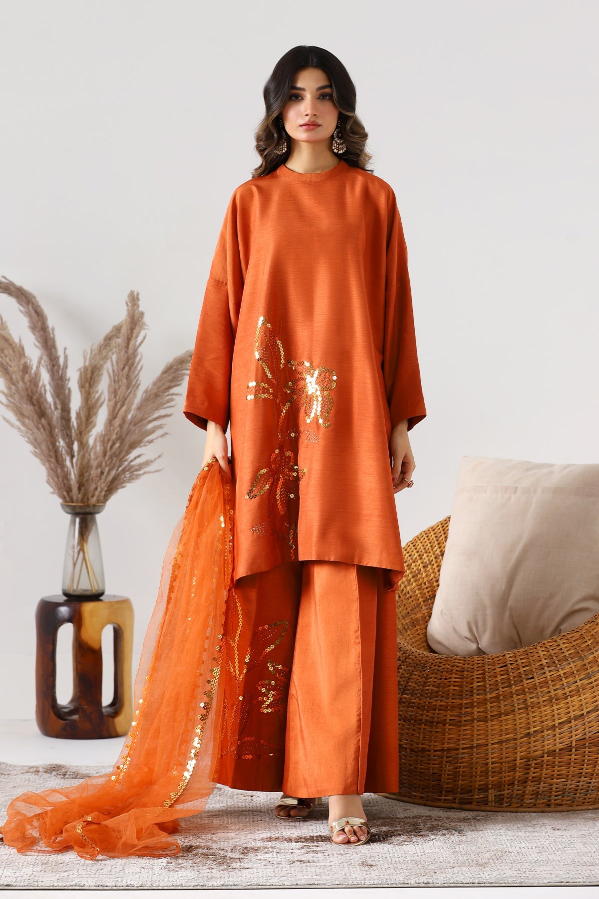 3-PC Embroidered Korean Silk Shirt with Poly Net Dupatta with Trouser CMA-3-226