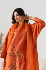 3-PC Embroidered Korean Silk Shirt with Poly Net Dupatta with Trouser CMA-3-226
