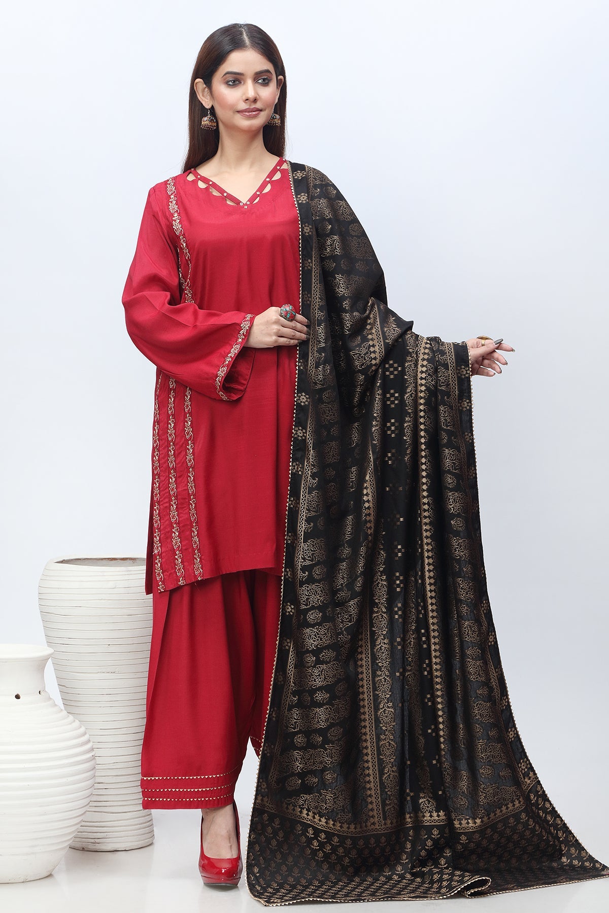 3-PC Embroidered Raw-Silk Shirt with Staple Jacquard Shawl with Trouser CMA-3-281