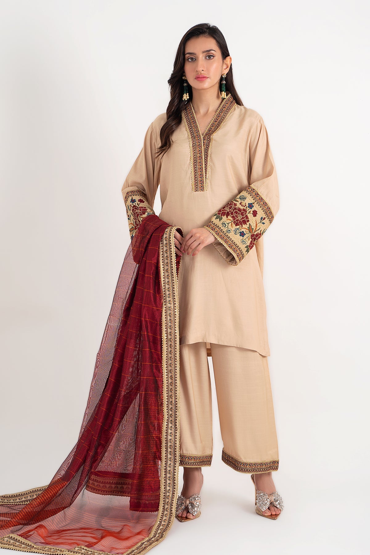 3-PC Embroidered Raw-Silk Shirt with Organza Dupatta and Trouser CMA-3-208