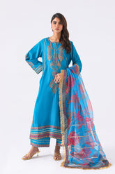 3-Pc Embroidered Raw-Silk Shirt with Qlot Trouser & Organza Dupatta CMA-22-47