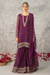 3-PC Embroidered Chiffon Shirt with Chiffon Dupatta and Sharara CMA-3-268