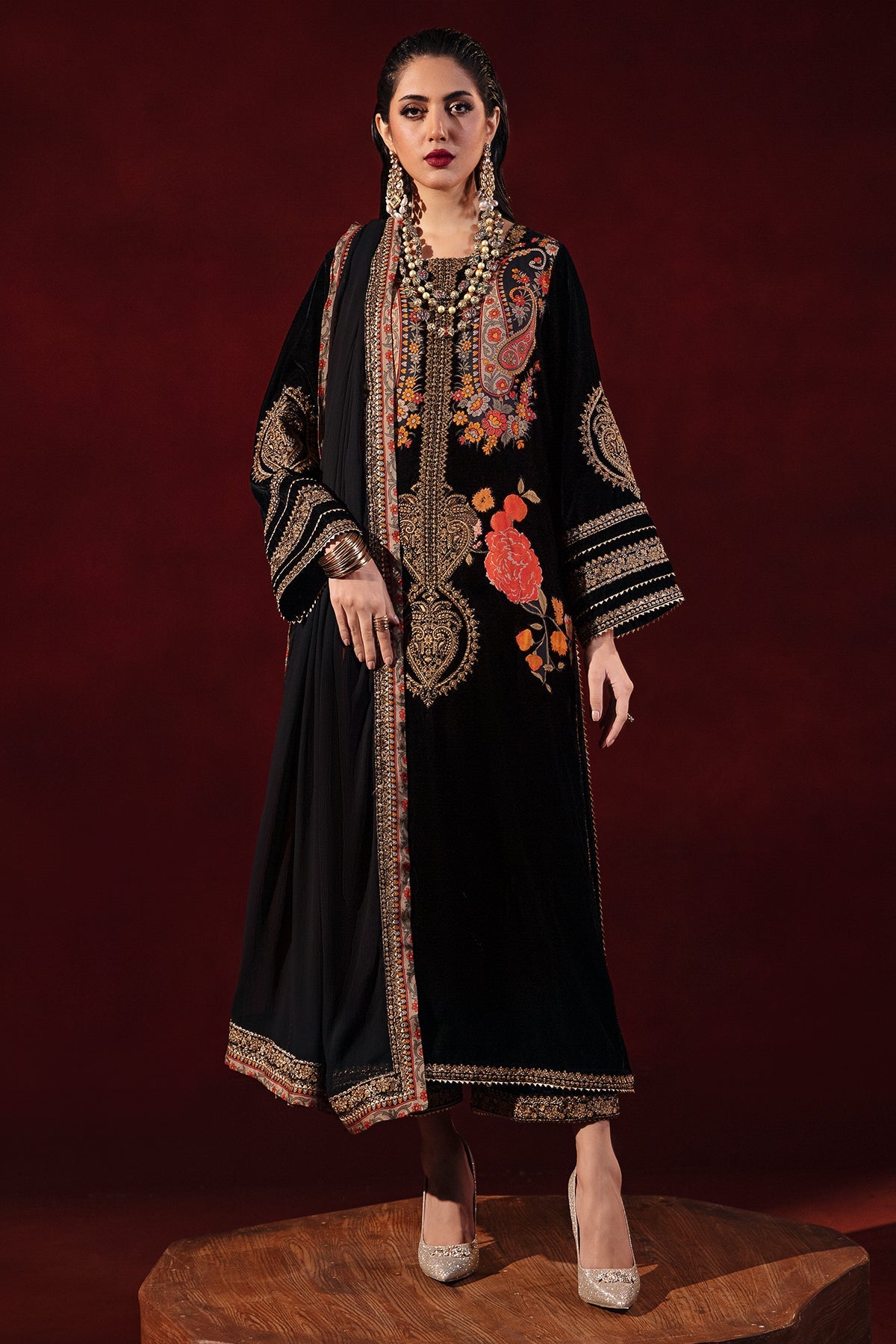 3-PC Embroidered Velvet Shirt with Embroidered Chiffon Dupatta and Trouser VVT-3-204