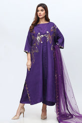 3-PC Embroidered Silk Shirt with Embroidered Net Dupatta and Trouser CMA-3-223