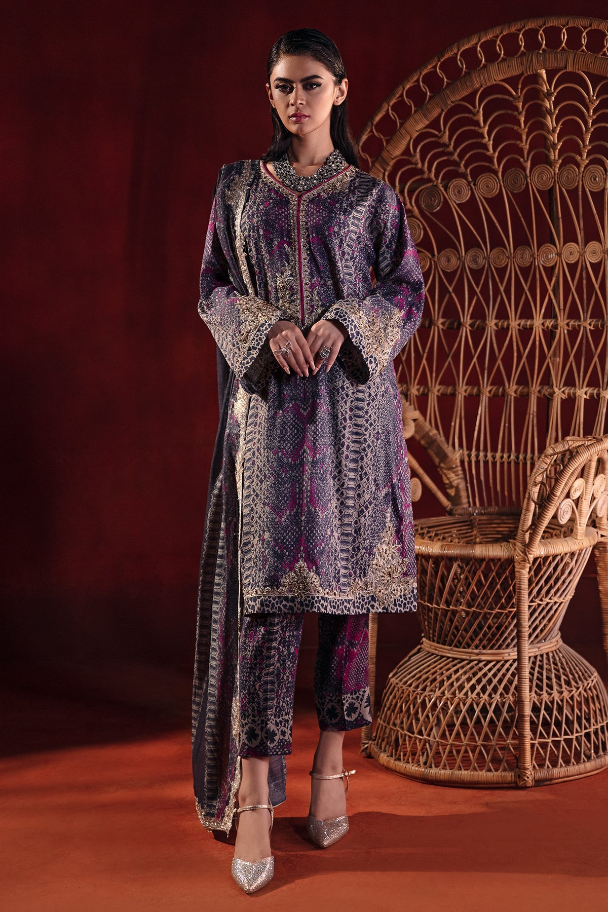 3-PC Embroidered Raw-Silk Shirt with Embroidered Dupatta and Trouser CMA-3-262