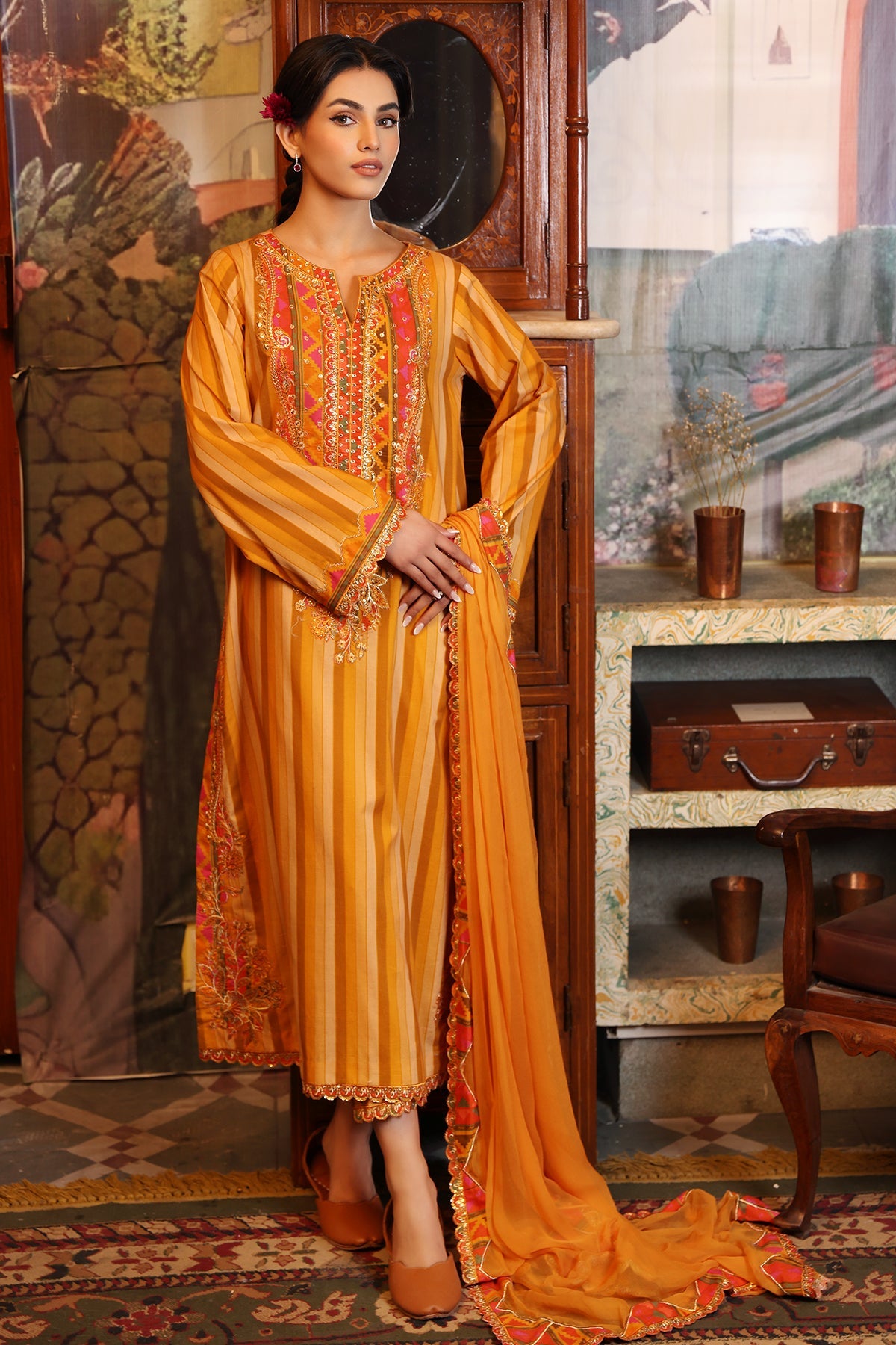 3-PC Unstitched Embroidered Lawn Shirt with Chiffon Dupatta and Trouser CS4-05