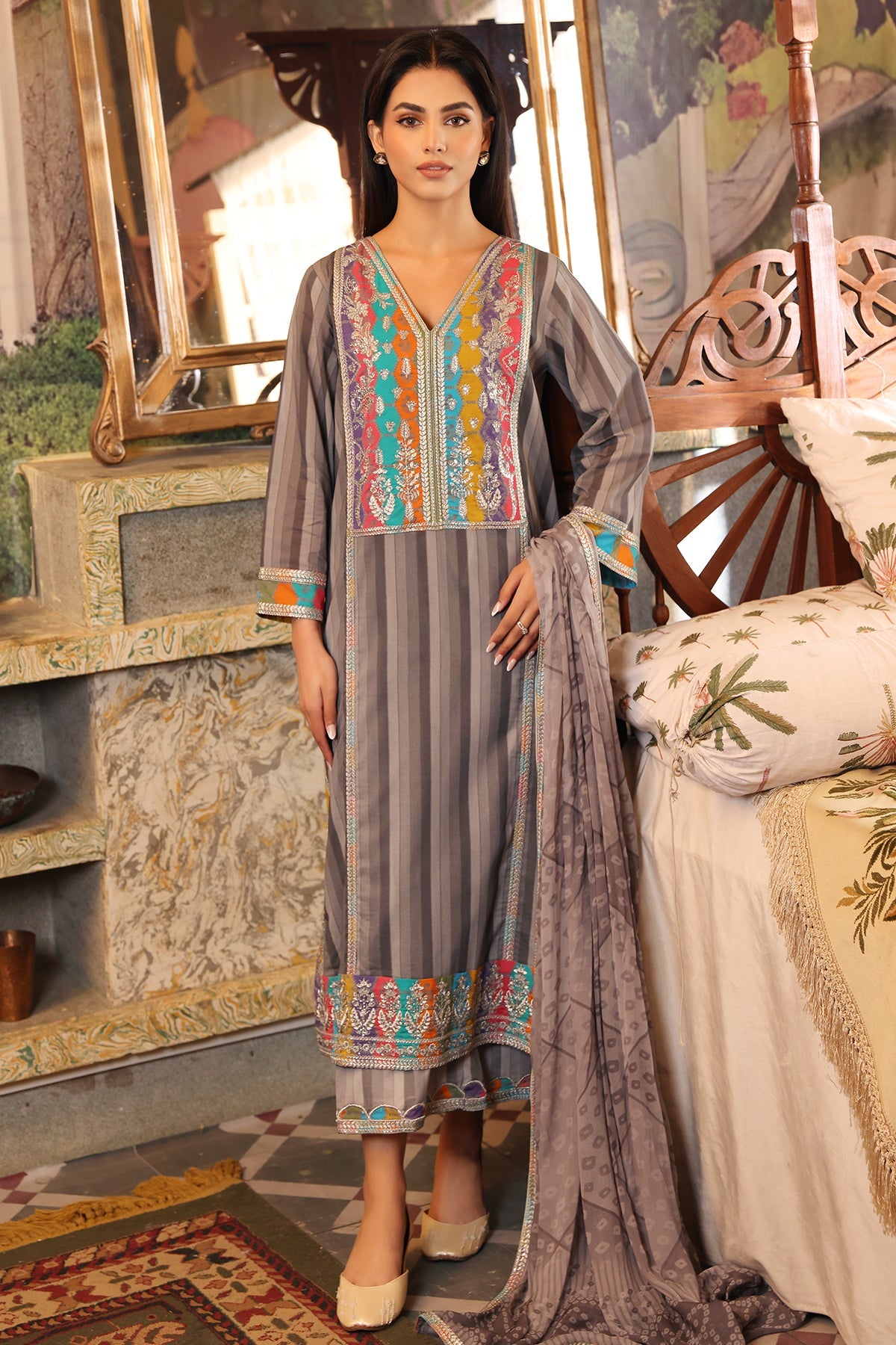 3-PC Unstitched Embroidered Lawn Shirt with Chiffon Dupatta and Trouser CS4-06