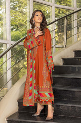 3-Pc Charizma Unstitched Embroidered Peach Leather Suit with Velvet Shawl CLP22-02