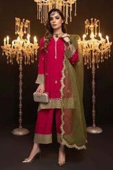3-Pc Raw Silk Embroidered Shirt With Organza Dupatta and Qlot Trouser STM22-10