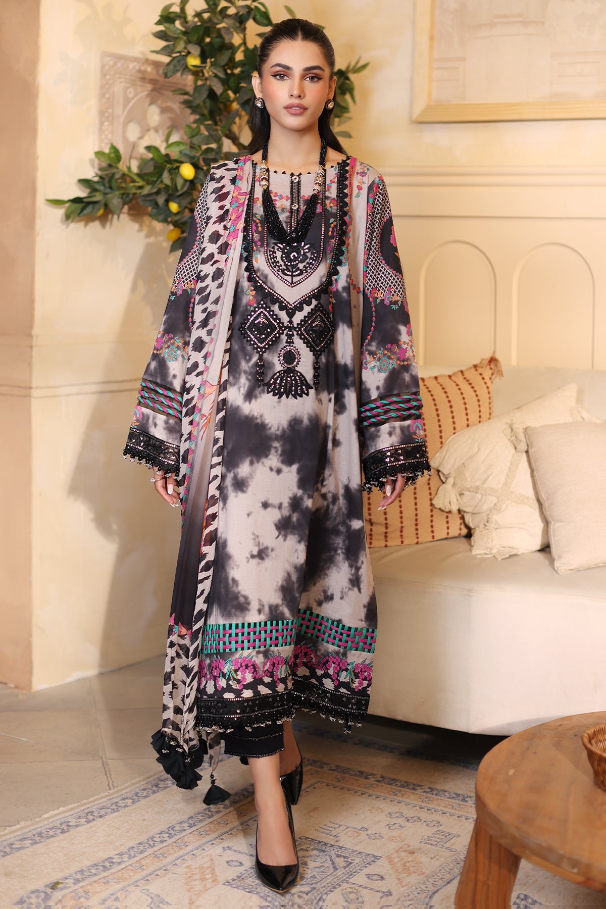 3-Pc Unstitched Printed Embroidered Lawn Shirt With Printed Chiffon Dupatta CRS4-06
