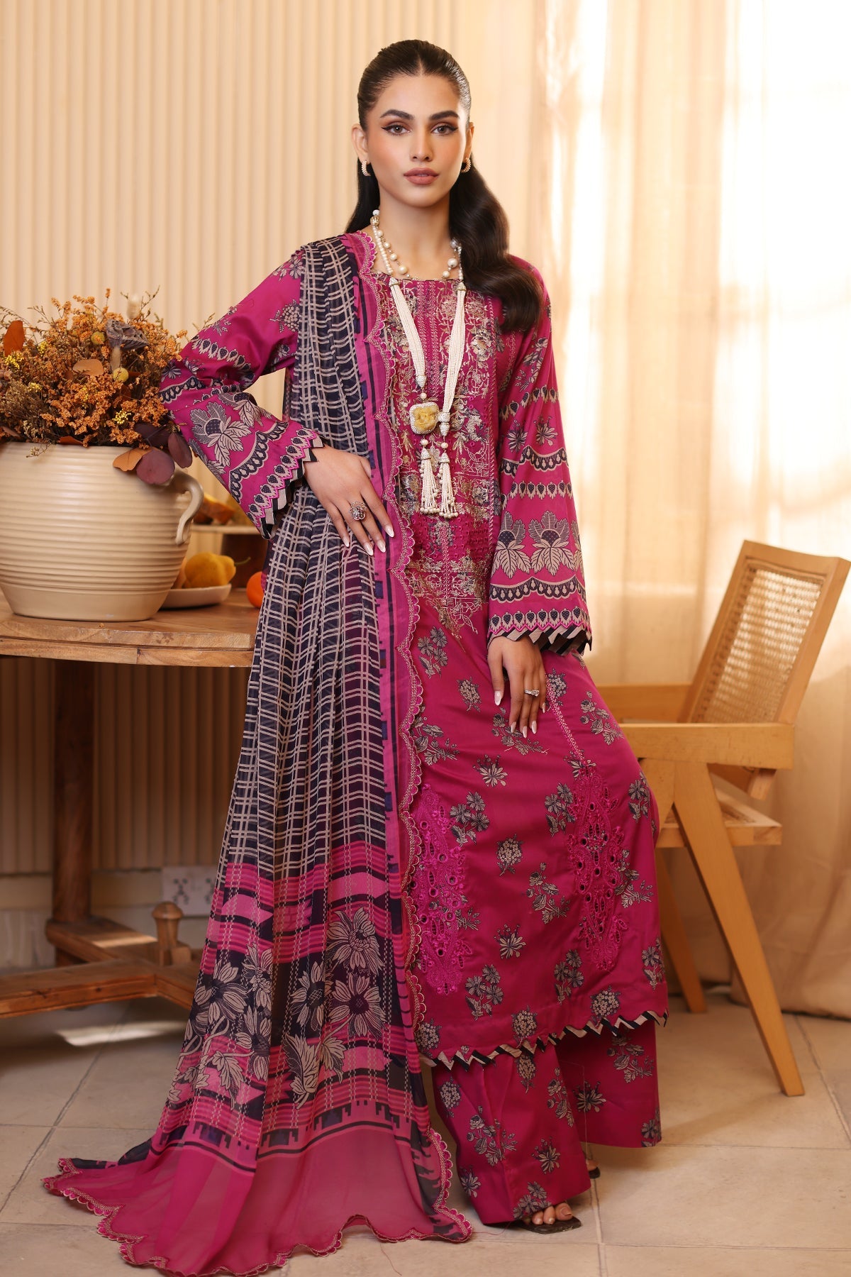 3-Pc Unstitched Printed Embroidered Lawn Shirt With Printed Chiffon Dupatta CRS4-09