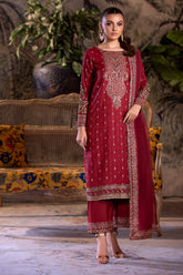 3-PC Embroidered Raw-Silk Shirt with Organza Dupatta and Trouser CMA-4-050 MAHROON