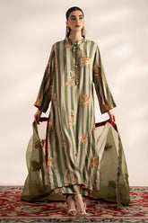 3-PC Embroidered Raw-Silk Shirt with Organza Dupatta and Trouser CMA-4-032 Green