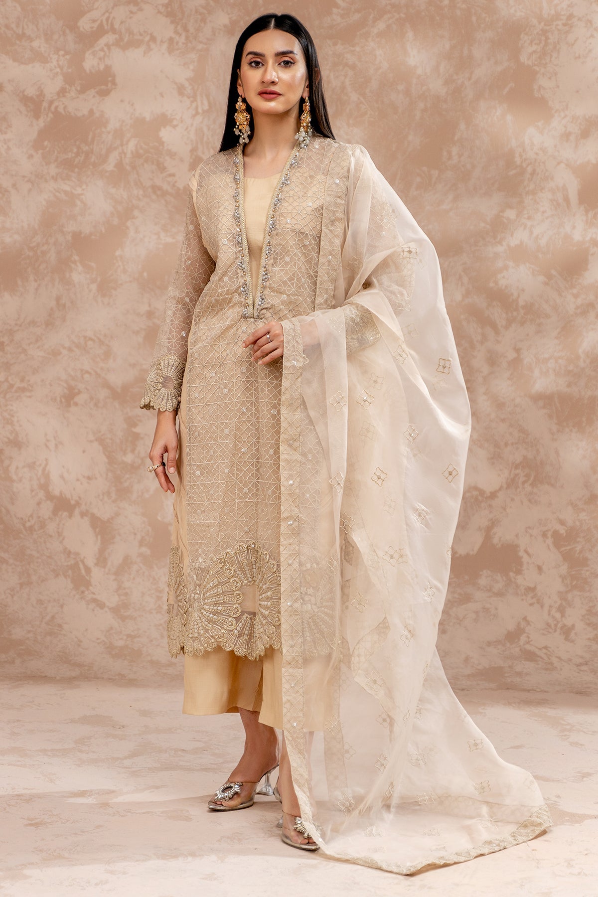 3-Pc Embroidered Organza Shirt with Embroidered Organza Dupatta and Trouser CMA-3-80
