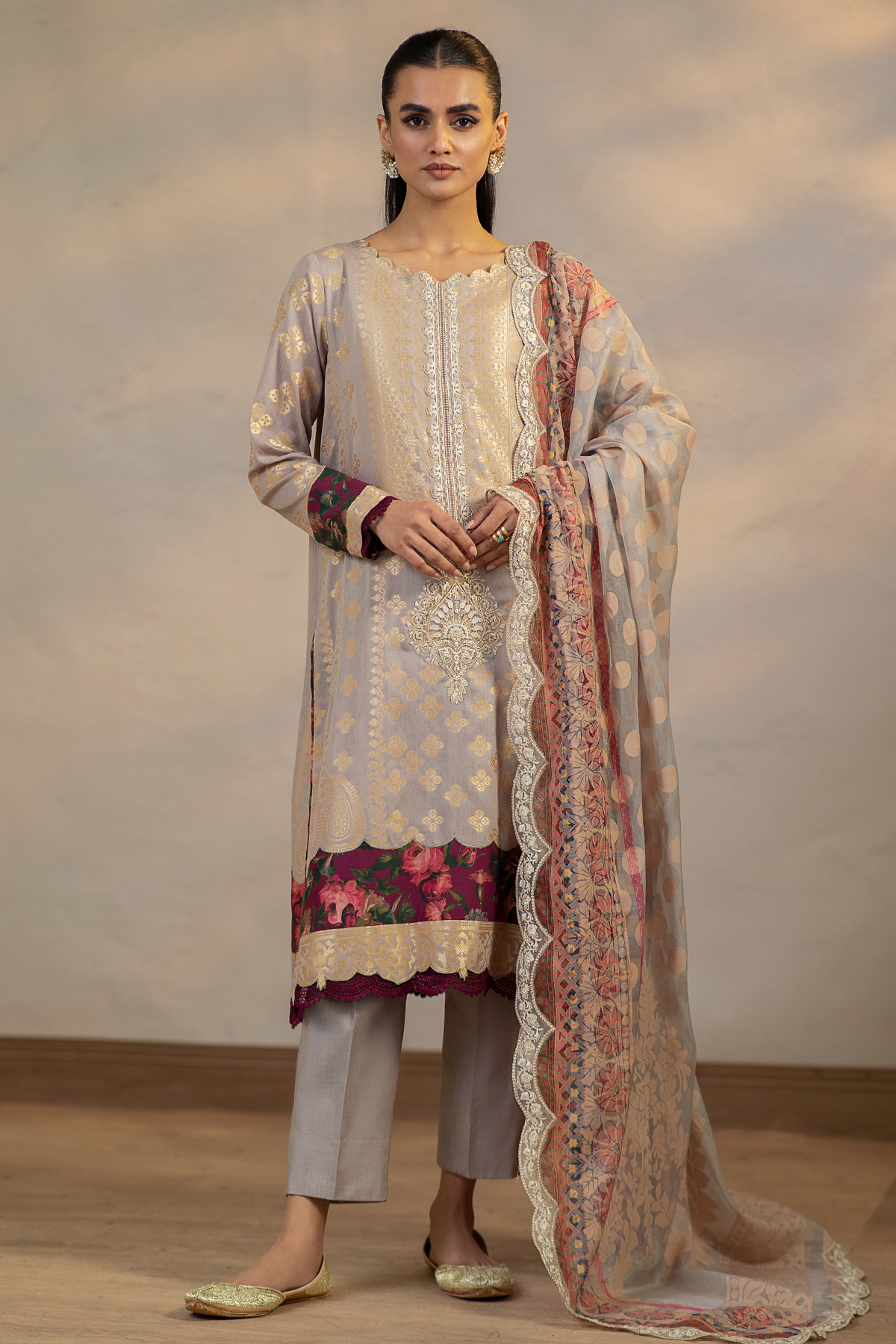 3 Pc Unstitched Embroidered Cambric Jacquard with Embroidered Chiffon Dupatta CJ4-03