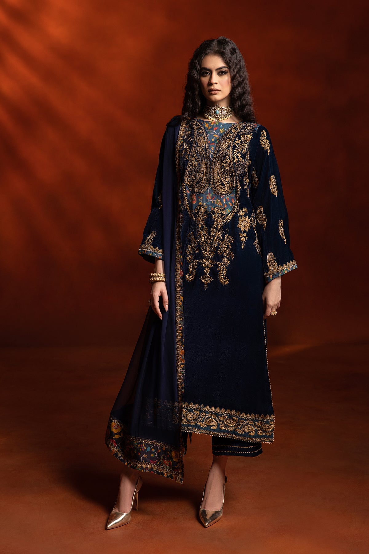 3-PC Embroidered Velvet Shirt with Embroidered Chiffon Dupatta and Trouser VVT-3-203