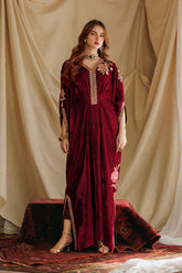 2-PC Embroidered Velvet Kaftaan with Silk Trouser VVT-5-17 RED