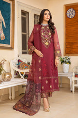 3-Pc Emroidered Long Shirt With Net Duppata and Raw Silk Qlot Trouser CMA22-60