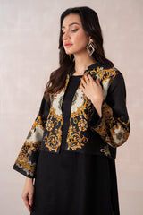 3-Pc Dhank Long Shirt With Printed Dhank Vest Coat and Qlot Trouser CPG22-18-S-B (BLACK)
