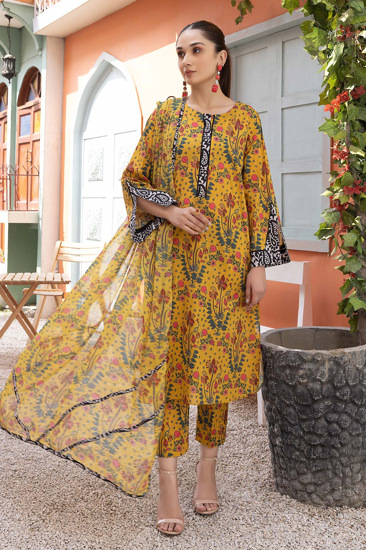 3-Pc Printed Lawn Long Shirt With Printed Straight Trouser and