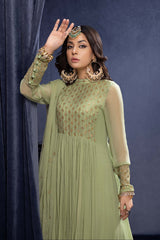 3-PC Embroidered Long Frock With Chiffon Dupatta and Raw Silk Trouser CMA22-71