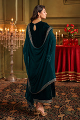 3-PC Embroidered Velvet Suit VVT4-014 TEAL BLUE