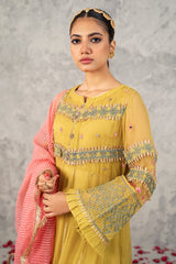 3-PC Embroidered Poly Net Shirt with Net Dupatta and Trouser CMA22-56 (MUSTARD)