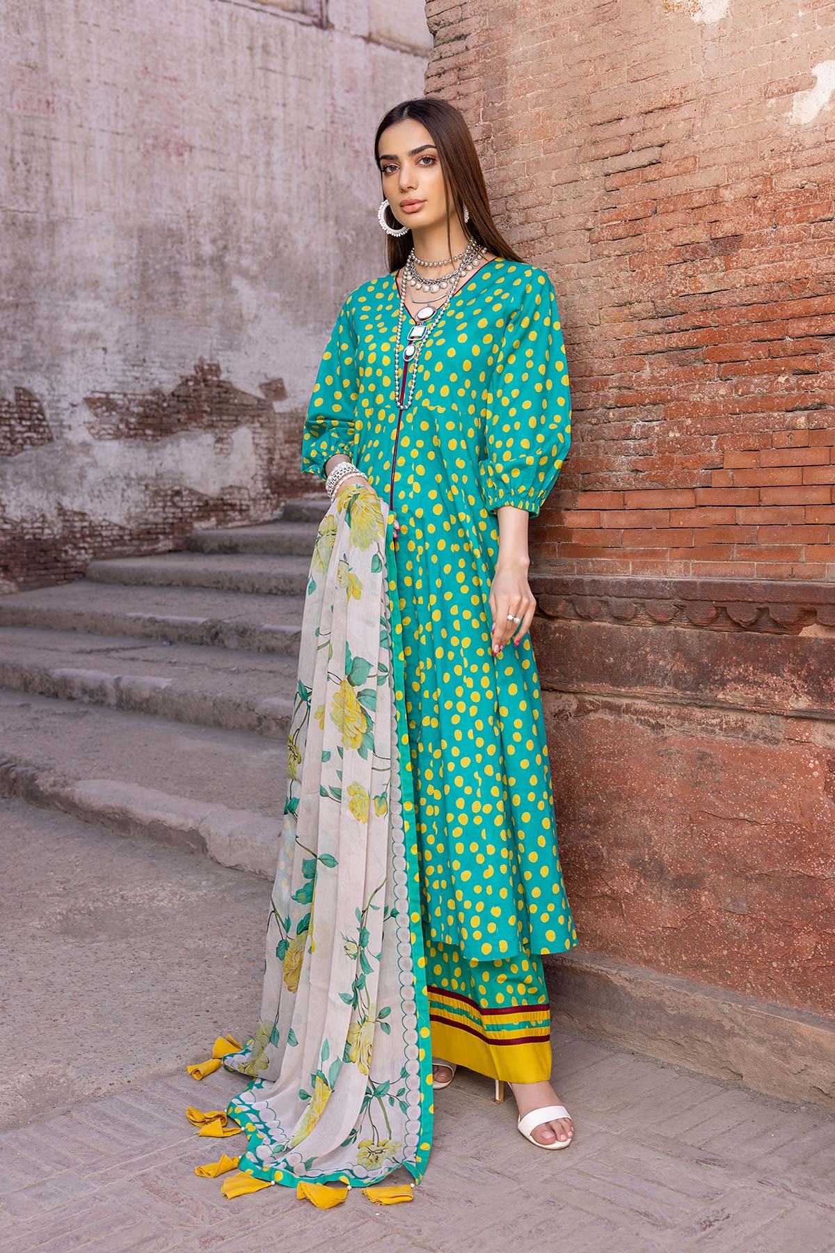 3-Pc Polka Dot Long Shirt With Polka Dot Trouser and Printed