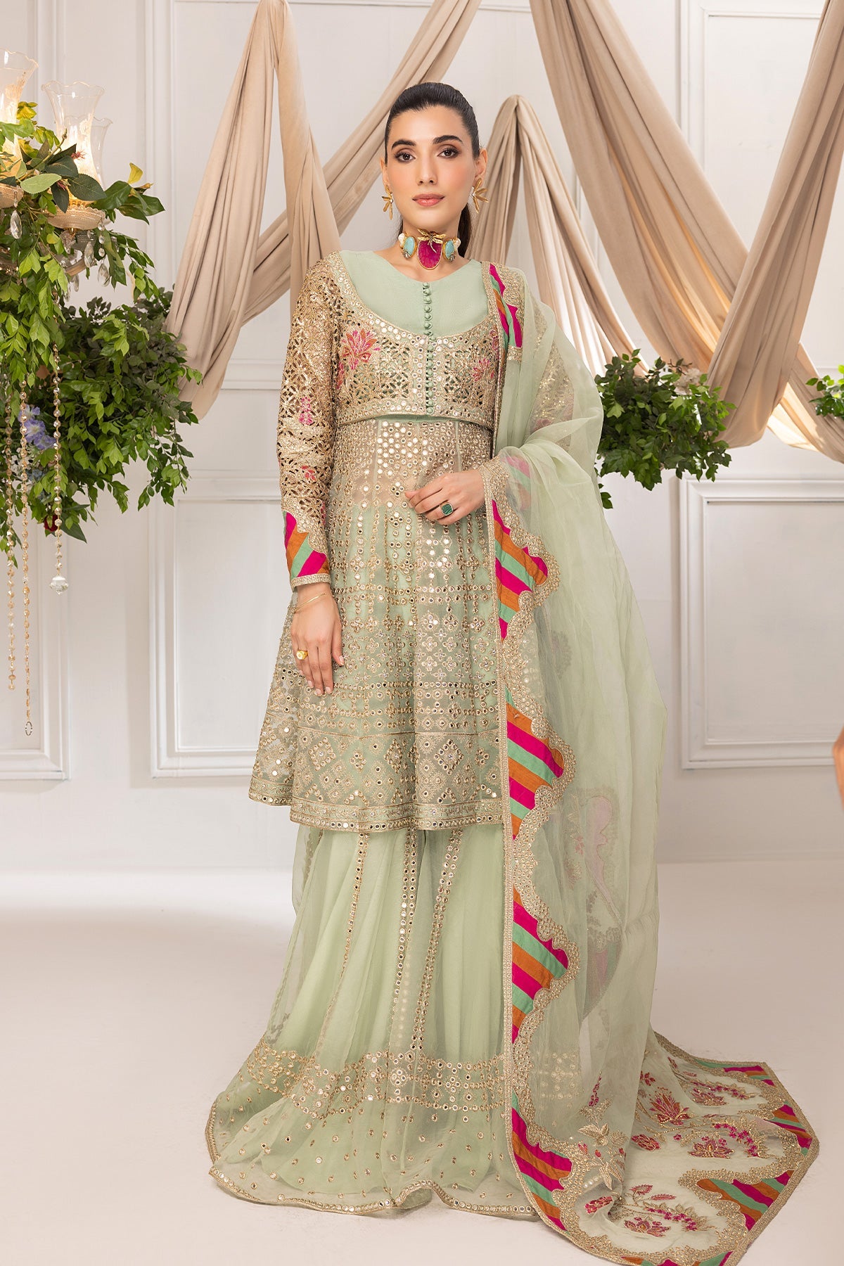 3-Pc Embrioidered Organza Shirt with Embroidered Sharara and Organza Dupatta STM-3-08