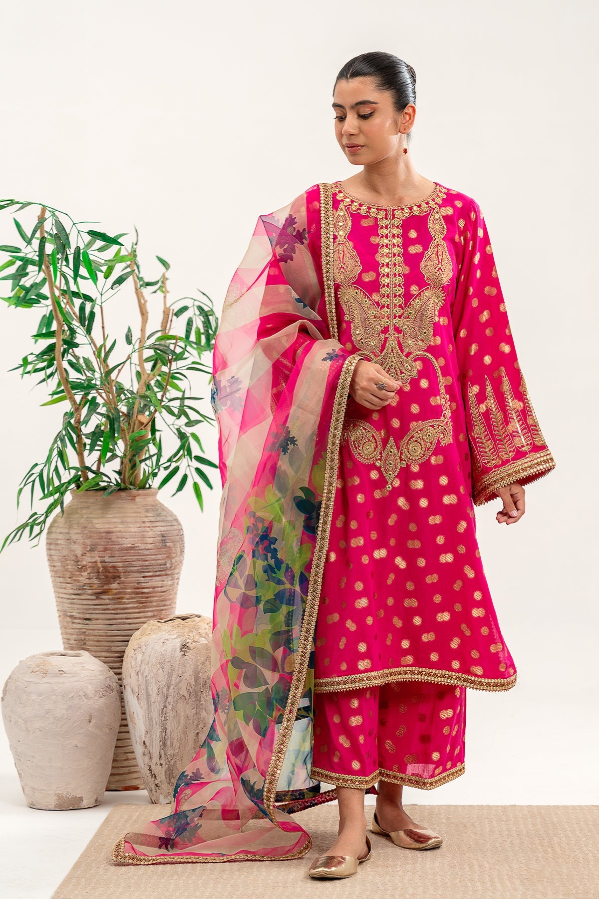 3-PC EMbroidered Brosha Shirt with Organza Dupatta and Trouser CNP-3-88