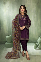 3-Pc Embroidered Raw Silk Shirt With Organza Dupatta and Tulip Shalwar CMA22-19-S