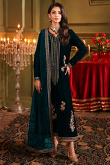 3-PC Embroidered Velvet Suit VVT4-014 TEAL BLUE