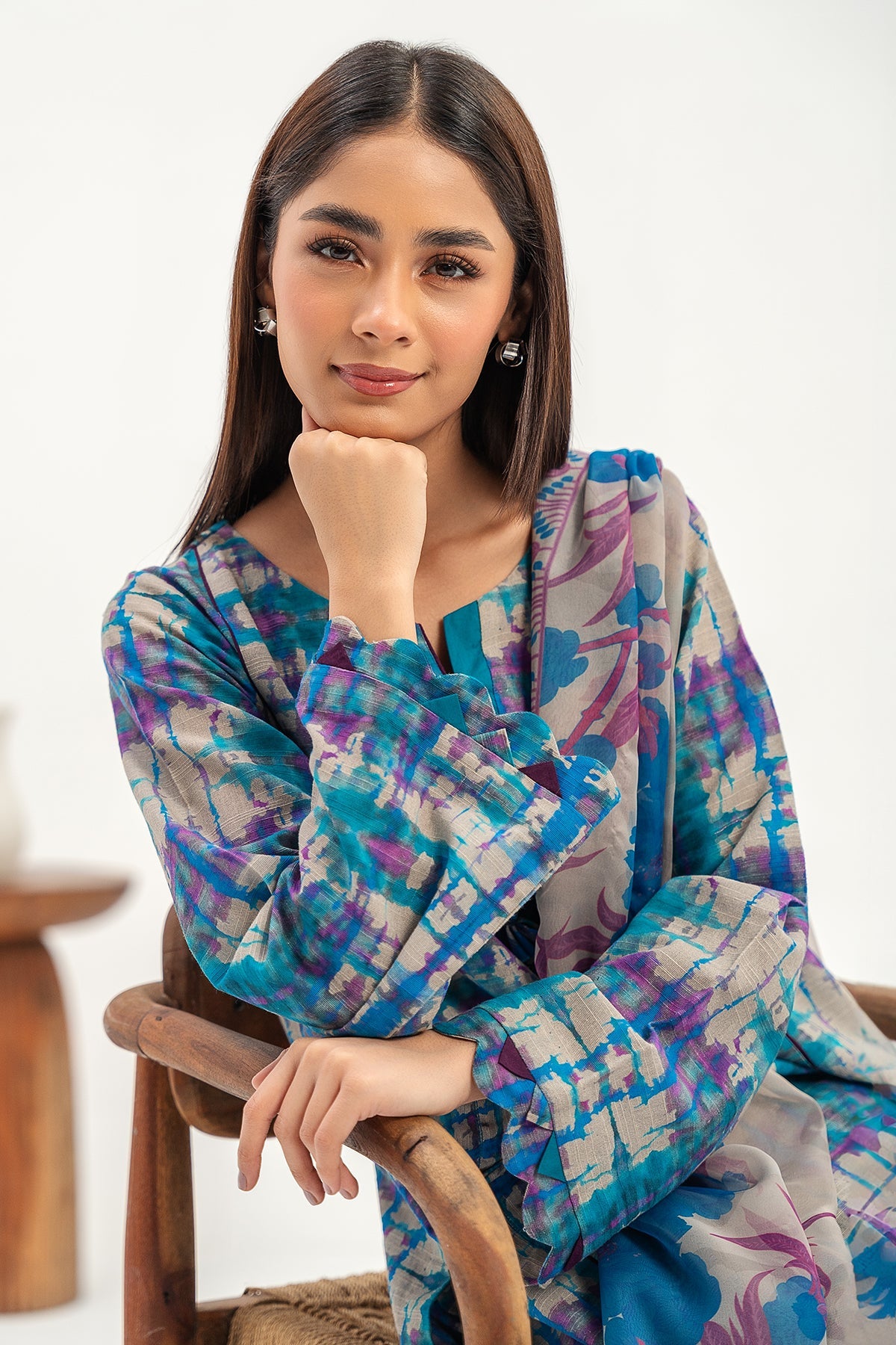 3-Pc Printed Khaddar Shirt with Trouser & Chiffon Dupatta