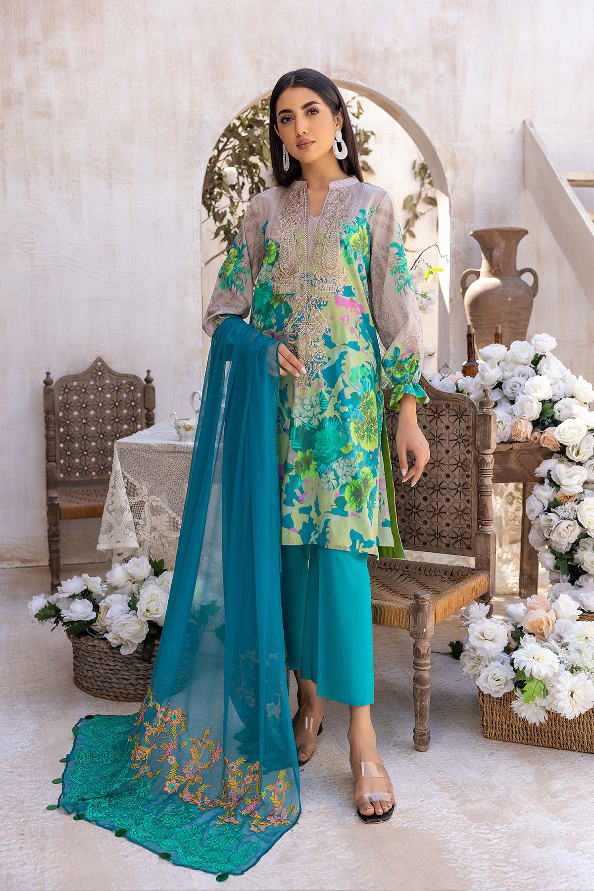 3-Pc Charizma Unstitched Embroidered Lawn Shirt With Embroidered Chiffon Dupatta AN23-16