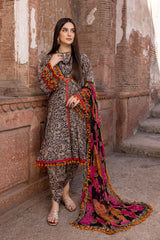 3-Pc Printed Peplum Shirt With Chiffon Dupatta and Tulip Shalwar FFP23-01