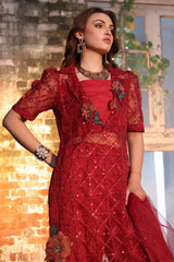 3-PC Embroidered Organza Shirt with Embroidered Net Dupatta and Trouser CMA-4-052 MEHROON