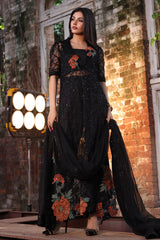 3-PC Embroidered Organza Shirt with Embroidered Net Dupatta and Trouser CMA-4-052 BLACK