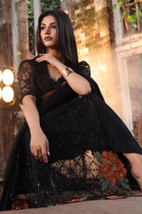 3-PC Embroidered Organza Shirt with Embroidered Net Dupatta and Trouser CMA-4-052 BLACK