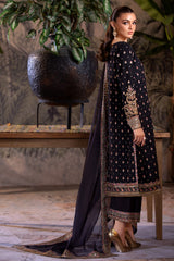 3-PC Embroidered Raw-Silk Shirt with Organza Dupatta and Trouser CMA-4-050 BLACK