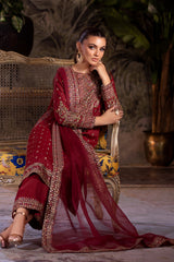 3-PC Embroidered Raw-Silk Shirt with Organza Dupatta and Trouser CMA-4-050 MAHROON